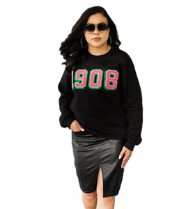 Sweat-shirt décontracté noir surdimensionné pour femme avec imprimé lettres rose et vert, col rond, manches longues, tricoté, pour l'hiver/l'automne - Product Image 1