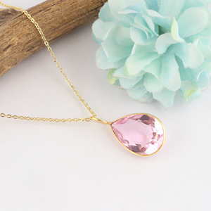 luxury pink quartz rose cut stone pendant handcrafted brass metal chain necklace 18k gold pated bezel setting crystal jewelry - Product Image 3
