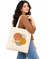 Sac fourre-tout minimaliste à motifs circulaires abstraits, beige, en coton, avec poignée d'épaule, fermeture ouverte, pour les voyages, la plage et l'usage quotidien