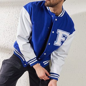 Men's Blue Varsity <b>Jacket</b> With White Letter F Embroidery Preppy Style Regular Fit Single Breasted Turn-down <b>Collar</b> Autumn Wear - Product Image 3