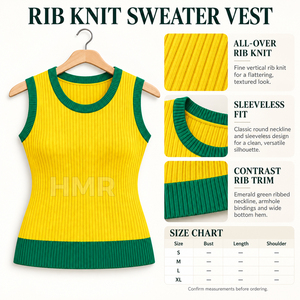 HMR Sorority Sisterhood – Débardeur tricoté sans manches contrastant jaune et vert, col rond, pull décontracté - Product Image 6