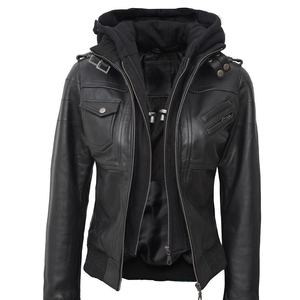 Veste de motard en cuir pour femmes, nouveau style de veste en cuir à capuche avec bombardier en peau de mouton noir - Product Image 5