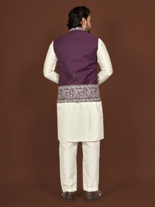 <b>Men's</b> White Smooth Shiny Silk Kurta Purple Embroidered <b>Waistcoat</b> Traditional <b>Indian</b> Wedding Party Attire Regular Fit Knee-Length - Product Image 4