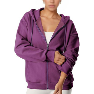 Women’s Purple Fleece Zip Up Hoodie Manufacturer Oversized Casual Sweatshirt <b>Jacket</b> with Drawstring Hood & Pockets for Wholesale - Product Image 6