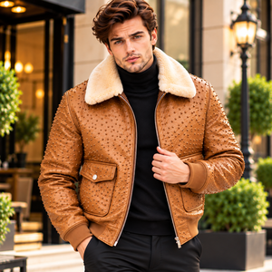 Herren-Lederbomberjacke Winterjacke mit Ziernieten und Lammfellkragen, Reißverschluss, gerippten Bündchen und Taschen - Product Image 5