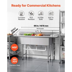 Lavello Commerciale a 3 Scomparti per Preparazione Cucina - Acciaio Inossidabile 304 Calibro 18, Vasche 14" x 16" x 11" - Product Image 2