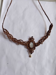 Handmade Brown Macrame Beads <b>Necklace</b> Rose Quartz Oval Cabochon Gold Crescent Moon Boho Jewelry Unisex IGI Certified Buddhism - Product Image 4
