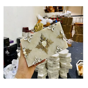 Women's Handmade <b>Square</b> Resin Clutch Folk Art Floral Design for Evening Parties & Bridal Events with Chain - Product Image 6