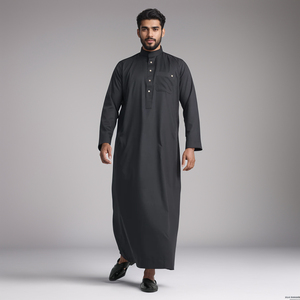 <b>Men</b> Black Polyester <b>Thobe</b> Long Sleeve Ankle Length Sweetheart Neckline Embroidered Breathable Casual Daily Wear Ramadan Prayer - Product Image 3