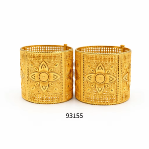 Brazaletes Kada Anchos de Aleación de Zinc Chapados en Oro de 24k de Lujo con Circonitas, Diseño Floral Grabado, Modernos, para Mujer, Certificados Premium - Product Image 1