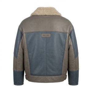 Mens Steel Blue Slate <b>Grey</b> Genuine Leather Shearling Collar <b>Jacket</b> Diagonal Zip Quilted Lined Side Pocket Waist Strap Biker Coat - Product Image 2