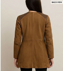 Women's Brown Suede <b>Leather</b> Coat Slim Fit Premium <b>Jacket</b> Heated Solid Button Closure Elegant Winter Wear Soft Suede Long Stylish - Product Image 2