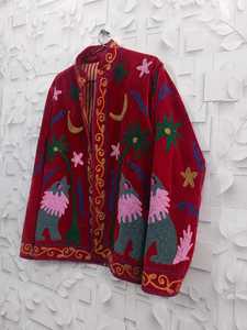 Hand Embroidered <b>Velvet</b> Suzani <b>Jacket</b> <b>Women</b> Crew Neck Full Sleeve Floral Pattern Winter Outerwear 100% Polyester Woven Boho - Product Image 1