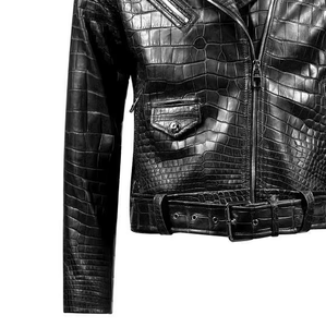 Veste de moto en cuir véritable gaufré croco pour homme, fermeture éclair sur le devant, ceinture, coupe ajustée, coupe-vent, manteau d'hiver pour motard - Product Image 2