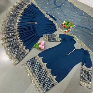 现成的印度刺绣作品Sharara Gharara Kurti套装，乔其纱面料，巴基斯坦设计师民族服装3件套 - Product Image 1