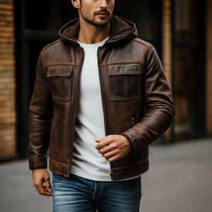 Vestes en cuir à capuche durables et élégantes pour hommes, vestes décontractées d'hiver, vêtements d'extérieur en cuir véritable doux - Product Image 3