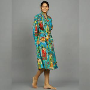 Bata de Casa de Algodón con Estampado Floral Indio, Hecha a Mano, Tipo Camisón - Product Image 3