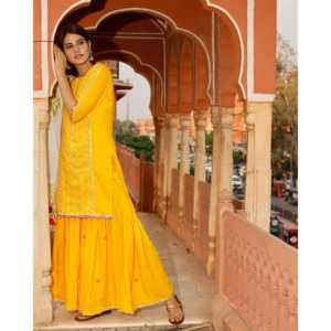 Conjunto de traje de gasa de rayón amarillo Kesar para mujer, hecho a mano, talla XS - Product Image 4