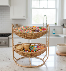 Support à paniers à 2 niveaux en rotin naturel tressé à la main, organisateur polyvalent en osier pour fruits, salon, décoration intérieure, du Vietnam - Product Image 5