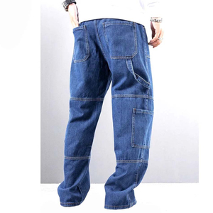 Pantalones Cargo de Mezclilla para Hombre, Corte Holgado, Cintura Media, Color Azul Sólido, Estilo Casual de Trabajo, Jeans de Algodón Tejido para Otoño - Product Image 3