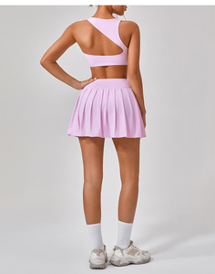 Women's 2 Piece Tennis Shorts Set Sleeveless Sports <b>Bra</b> Pleated High Waist Nylon Solid Color Gym Outfit - Product Image 5