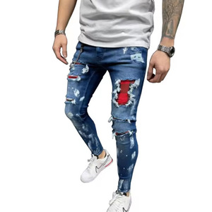 Nouveauté : Jeans vintage délavés pour homme, bleu clair, effet éclaboussures de peinture, coupe skinny et fermeture éclair, style charpentier, pour garçons - Product Image 2