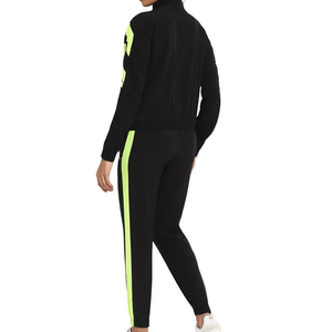 Conjunto Deportivo de Mujer, Negro con Rayas Verde Neón, 2 en 1, Cortavientos, con Cierre de Media Cremallera, Mangas Largas, Pantalones hasta el Tobillo, Bolsillos Laterales, Estilo Deportivo Casual - Product Image 2