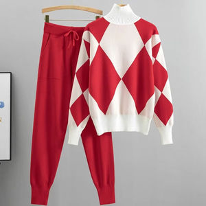 ชุดเซ็ต 2 ชิ้น เสื้อสเวตเตอร์ถักลายพิมพ์ลำลองสำหรับผู้หญิง แฟชั่นเกาหลี คอสูง สไตล์กอล์ฟ ชุดกีฬาฤดูใบไม้ร่วงฤดูหนาว ผ้าฝ้าย 100% - Product Image 4