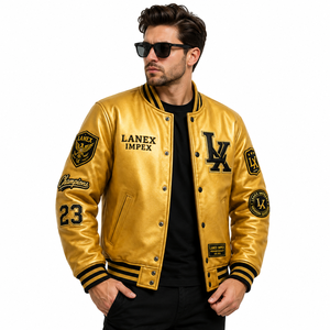 Custom Gold Varsity Letterman Jacket Men PU Leather Baseball College Jacket Embroidered Chenille Patch Bomber Jacket OEM Service - Product Image 1