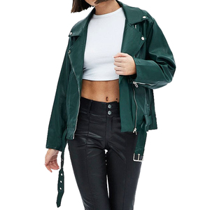 Veste moto en cuir vert pour femme, en peau de mouton, col montant, fermeture éclair, coupe classique, style hiver - Product Image 4
