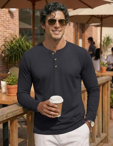 Camiseta Henley de Manga Larga para Hombre al por Mayor, 100% Algodón, Casual, Transpirable, con Botones, Cuello Redondo, OEM, Personalizada, de Secado Rápido - Product Image 5