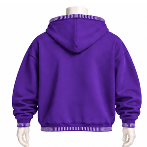 Sweat-shirt à capuche violet avec bordure cousue, effet vieilli, épais, coupe oversize, avec surpiqûres contrastées et poche kangourou, style streetwear - Product Image 2