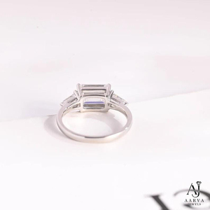 Women <b>Emerald</b> Cut Moissanite Three Stone <b>Ring</b> Lab Grown Diamond Inspired Engagement Wedding <b>Band</b> Gold Plated Rhodium Plated - Product Image 3