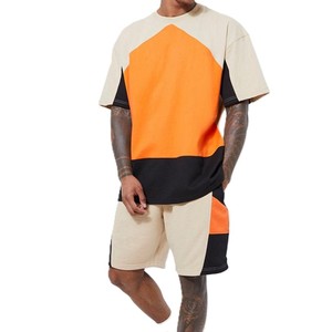 Ensemble deux pièces pour hommes, orange et beige, t-shirt à manches courtes et short, style décontracté, streetwear d'été - Product Image 1