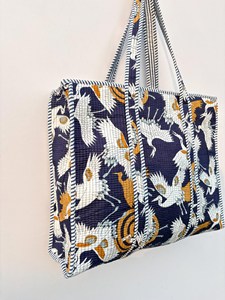 Sac fourre-tout en coton noir tendance avec motif grue, style bohème, décontracté, pour l'été, avec fermeture éclair, pour le shopping et les voyages - Product Image 3
