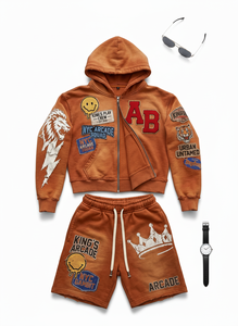 Conjunto de Sudadera con Capucha y Pantalones Cortos Unisex Personalizado, Estilo Vintage Desgastado, con Apliques y Parches, Diseño Gráfico Urbano, Fabricante OEM ODM, Marca Privada, B2B - Product Image 5