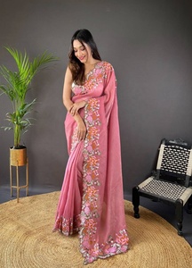Sari de fête Fatema de haute qualité en soie douce et brillante multicolore, avec travail de perles, chemisier ethnique, vêtement pour femmes - Product Image 5