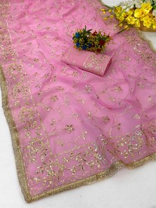 Sari en soie rouge brodé avec un motif floral doré pour femmes, tenue de mariage indienne pakistanaise traditionnelle, robe longue jusqu'au sol - Product Image 4