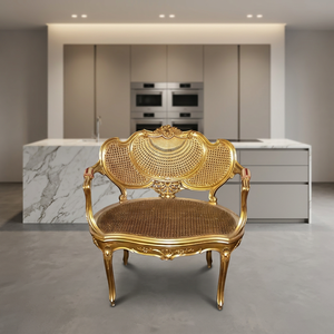 Sillón de Ratán Curvo Vintage con Diseño de Mimbre en Tono Dorado, Forro de Algodón, Respaldo Acolchado con Espuma, Patas de Madera, Estilo Queen Anne, para Sala de Estar - Product Image 2