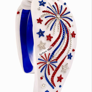 Wholesale 4th Of July <b>Beaded</b> <b>Headband</b>- Handmade Patriotic USA Flag And Fireworks Knot Hair Accessory - Product Image 1