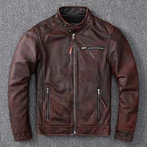 Veste en cuir véritable pour homme, col rond, marron, coupe classique, manches longues, coupe-vent, veste de motard, veste de sport, prix de gros - Product Image 3