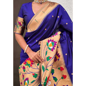 ผ้าไหมพิธานีสีม่วงพร้อมลายปักขอบใหญ่แบบซารี  เสื้อผ้าอินเดียและปากีสถาน  งานทอระดับพรีเมียม - Product Image 3