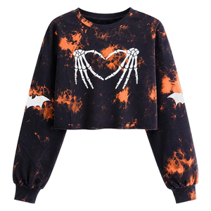Sudadera Corta para Mujer con Estampado de Corazón de Esqueleto Tie Dye, Color Naranja y Negro, Estilo Gótico, Lavado Ácido, Ropa de Halloween, Venta al Por Mayor Personalizada - Product Image 2