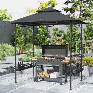 Gazebo per Barbecue da Esterno 8 X 5 Grigio Scuro con Tetto a 2 Livelli, 2 Ripiani Laterali, Cestini Portaoggetti e Gancio per Soffitto - Product Image 2