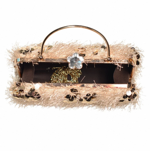 Elegante Bolso de Mano con Lentejuelas Beige, Exterior de Tela, Interior de Seda Cruda, con Cadena de Hombro y Cierre de Broche - Product Image 3