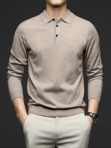 Pull en maille polyester/coton pour homme, léger et respirant, service OEM, couleur unie, col à revers, manches longues, couche de base décontractée pour le printemps - Product Image 6