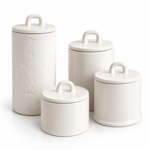White Ceramic <b>Canister</b> <b>Set</b> Lids Loop Handles Food Storage Containers Kitchen Countertop Organizer 2 Piece <b>Set</b> Handcrafted Modern - Product Image 1