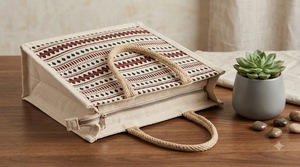 Bolsa de Mano Cuadrada de Lona con Patrón Geométrico Rojo y Negro, Estilo Casual, Uso Promocional, Técnica de Costura - Product Image 3