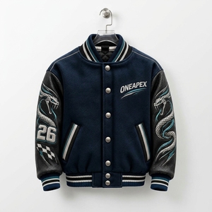 Chaqueta Letterman Azul Marino Personalizada para Hombre, Estilo Bomber Acolchado, Mangas de Cuero con Gráfico de Serpiente, Ropa Deportiva OEM Pro Premium - Product Image 1