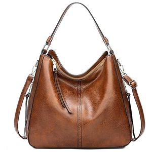 Sac hobo en cuir véritable pour femme, sac à main classique à bandoulière, grande capacité, fermeture éclair, deux sangles, usage quotidien, marron, polyester - Product Image 1